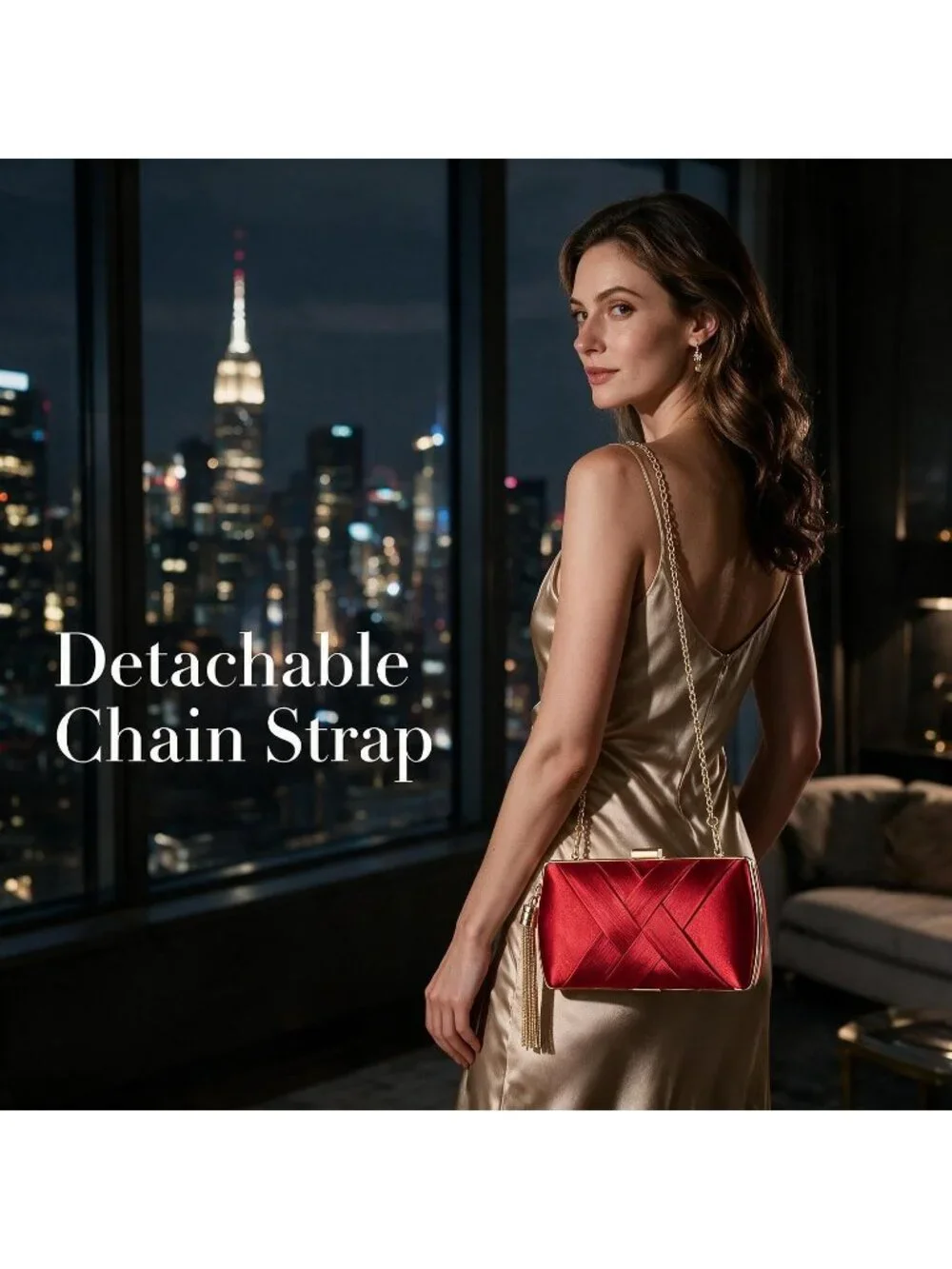 Women's Red Silk Satin Clutch Purse Pearl Tassel With Chain Evening Bag